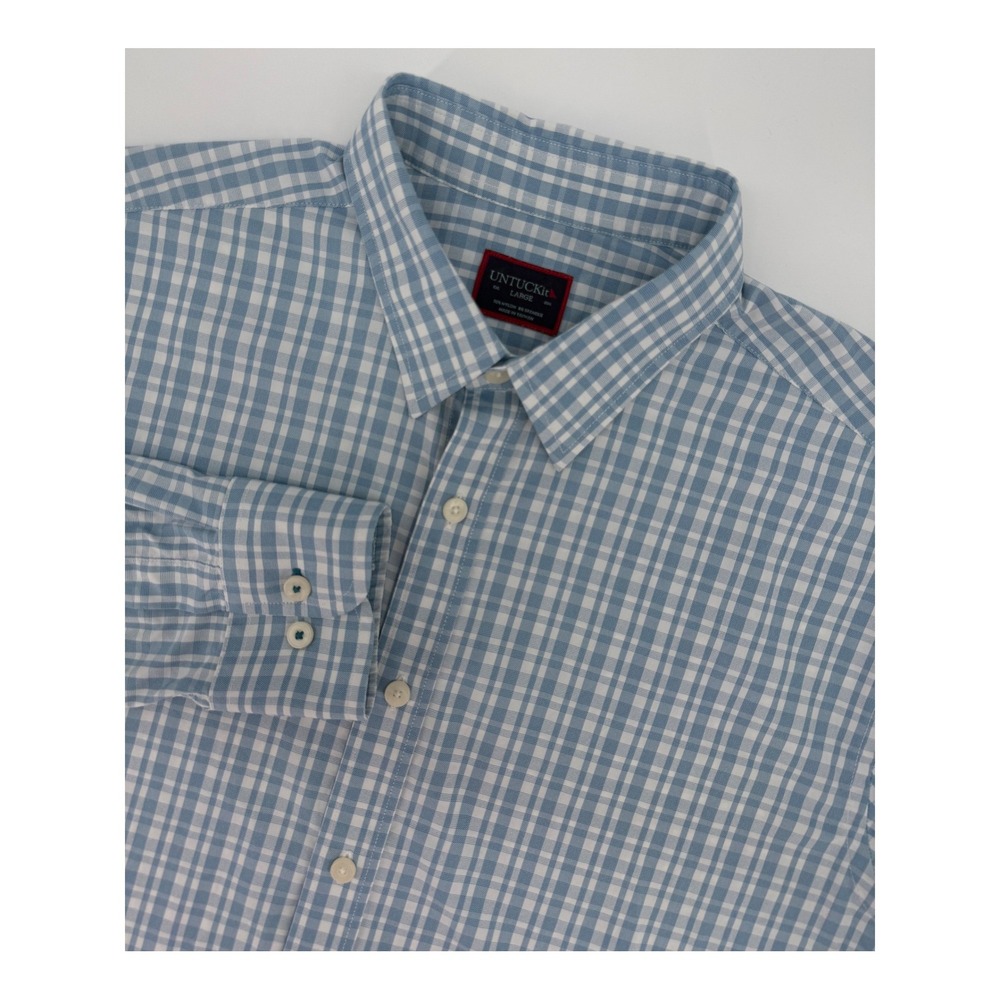 UNTUCKit Shirt Mens Large Blue White Gingham Plaid Performance Button‎ Up